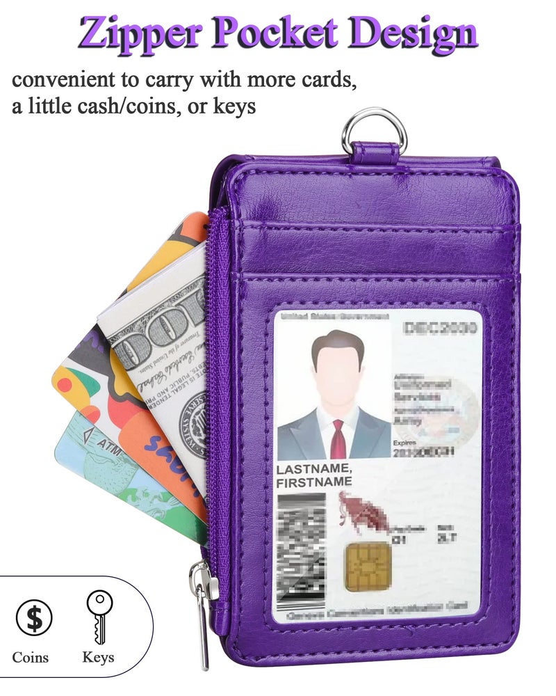 Teskyer Badge Holder with Side Zip Pocket, Multiple Card Slots Leather ID Holder Wallet with Neck Lanyard for Office Staffs, Teachers/Students, Couriers, Workers, Purple - Image 4